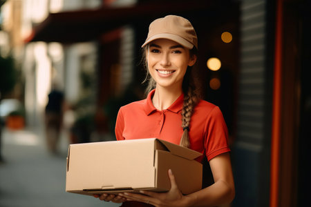 Smiling girl holding a parcel. Order delivery service.の素材