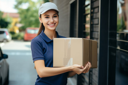 Smiling girl holding a parcel. Order delivery service.の素材