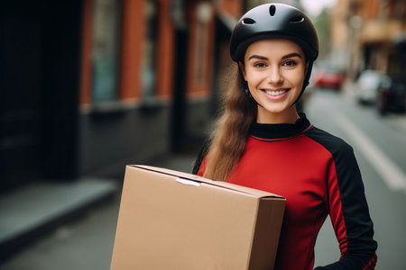 Smiling girl holding a parcel. Order delivery service.の素材