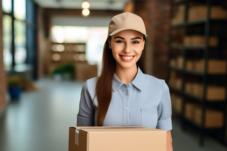 Smiling girl holding a parcel. Order delivery service.の素材