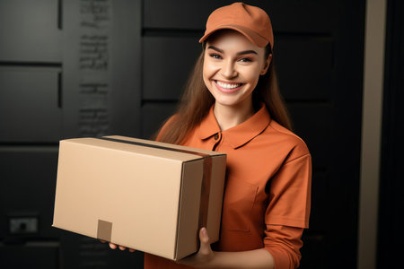 Smiling girl holding a parcel. Order delivery service.の素材