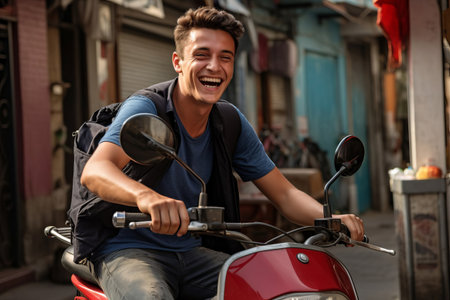 Young man on a scooter on a city streetの素材