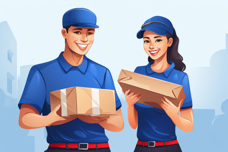 Smiling men and girl holding a parcel. Order delivery service.の素材
