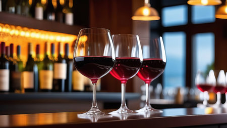 Empty wooden bar counter with wine glasses with blurred drink bottles background, bar restaurantの写真素材