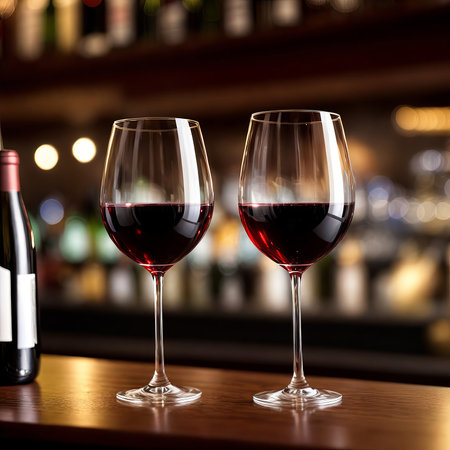Empty wooden bar counter with wine glasses with blurred drink bottles background, bar restaurantの写真素材