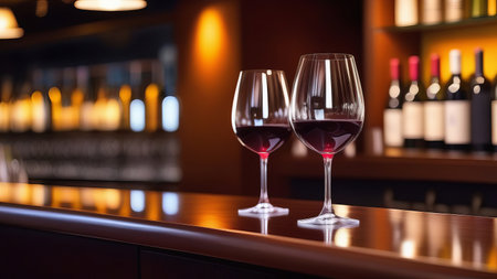 Empty wooden bar counter with wine glasses with blurred drink bottles background, bar restaurantの写真素材