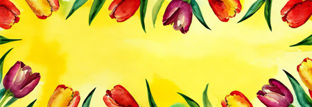Fresh tulips on yellow background, spring and holidays concept, copy spaceの素材