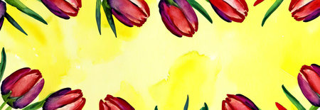 Fresh tulips on yellow background, spring and holidays concept, copy spaceの素材