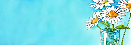 Garden daisy flowers on blue background. Top view with copy spaceの素材