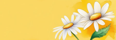 Garden chamomile flowers on yellow background. Top view with copy spaceの素材