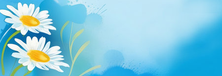 Garden daisy flowers on blue background. Top view with copy spaceの素材