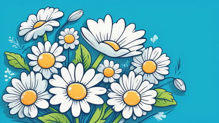 Garden daisy flowers on blue background. Top view with copy spaceの素材