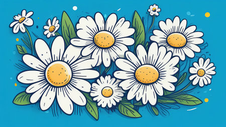 Garden daisy flowers on blue background. Top view with copy spaceの素材