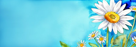 Garden daisy flowers on blue background. Top view with copy spaceの素材