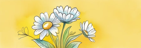 Garden chamomile flowers on yellow background. Top view with copy spaceの素材