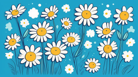 Garden daisy flowers on blue background. Top view with copy spaceの素材