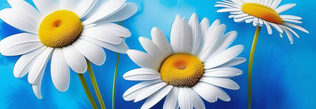 Garden daisy flowers on blue background. Top view with copy spaceの素材