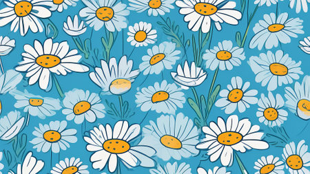 Garden daisy flowers on blue background. Top view with copy spaceの素材