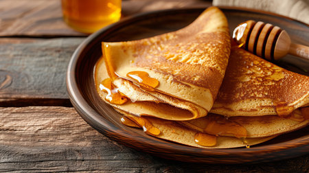 Delicious pancakes with honey or maple syrup. Homemade pancakes and sweet syrup on white plate isolated. High quality photoの写真素材