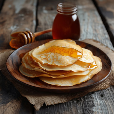 Delicious pancakes with honey or maple syrup. Homemade pancakes and sweet syrup on white plate isolated. High quality photoの写真素材