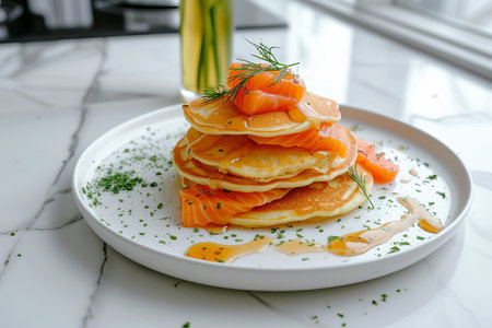 stack of pancakes with salted salmon on a plate. High quality photoの写真素材