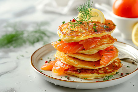 stack of pancakes with salted salmon on a plate. High quality photoの写真素材