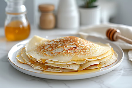 Delicious pancakes with honey or maple syrup. Homemade pancakes and sweet syrup on white plate isolated. High quality photoの写真素材