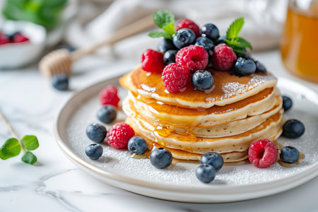 Delicious pancakes with berries, honey or maple syrup. Homemade pancakes and sweet syrup on white plate isolated. High quality photoの写真素材