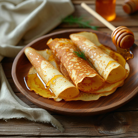 Delicious pancakes with honey or maple syrup. Homemade pancakes and sweet syrup on white plate isolated. High quality photoの写真素材