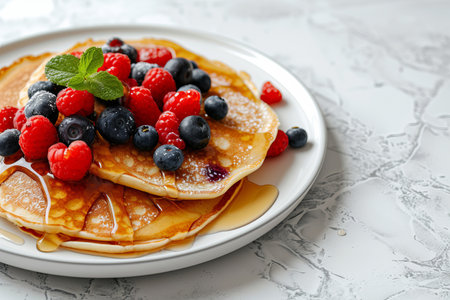 Delicious pancakes with berries, honey or maple syrup. Homemade pancakes and sweet syrup on white plate isolated. High quality photoの写真素材