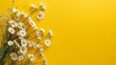 Garden daisy flowers on yellow background. Top view with copy space. High quality photoの写真素材