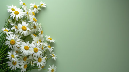 Garden daisy flowers on green background. Top view with copy space. High quality photoの写真素材