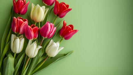 Fresh tulips on green background, concept of spring and holidays or Valentine's Day, top view, copy space. High-quality photoの写真素材