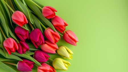 Fresh tulips on green background, concept of spring and holidays or Valentine's Day, top view, copy space. High-quality photoの写真素材