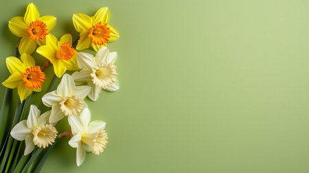 Garden flowers of daffodil on green background. Top-down view and copy space. High quality photoの写真素材