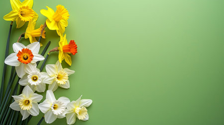 Garden flowers of daffodil on green background. Top-down view and copy space. High quality photoの写真素材