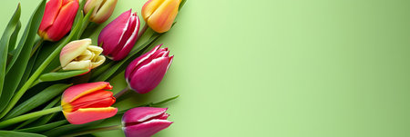 Fresh tulips on green background, concept of spring and holidays or Valentine's Day, top view, copy space. High-quality photoの写真素材