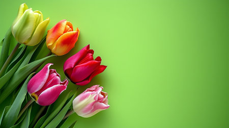 Fresh tulips on green background, concept of spring and holidays or Valentine's Day, top view, copy space. High-quality photoの写真素材