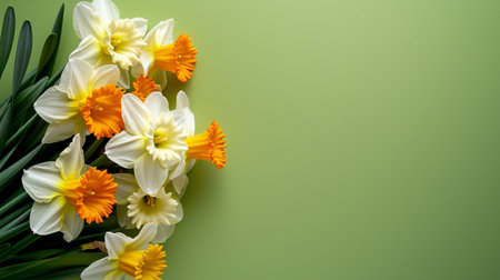 Garden flowers of daffodil on green background. Top-down view and copy space. High quality photoの写真素材
