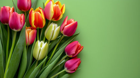 Fresh tulips on green background, concept of spring and holidays or Valentine's Day, top view, copy space. High-quality photoの写真素材