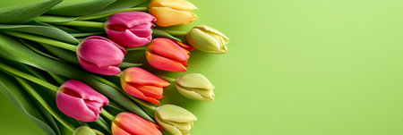 Fresh tulips on green background, concept of spring and holidays or Valentine's Day, top view, copy space. High-quality photoの写真素材