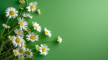 Garden daisy flowers on green background. Top view with copy space. High quality photoの写真素材