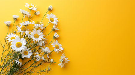 Garden daisy flowers on yellow background. Top view with copy space. High quality photoの写真素材