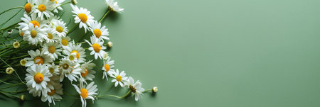 Garden daisy flowers on green background. Top view with copy space. High quality photoの写真素材