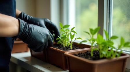 Female hands, close-up planting seedlings in pots on the windowsill.の素材