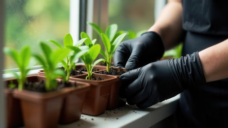 Female hands, close-up planting seedlings in pots on the windowsill.の素材