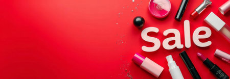 The inscription "SALE" on a red background with cosmetics. Free space for text.の素材