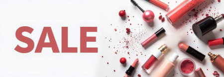 The inscription "SALE" on a white background with cosmetics. Free space for text.の素材