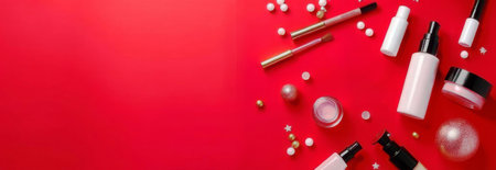 Banner with cosmetics on a red background. Free space for text.の素材