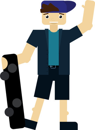 A boy with a skateboard waves his hand. vector illustrationのイラスト素材
